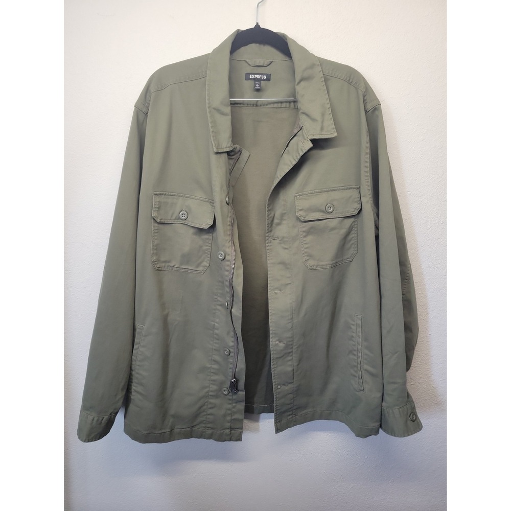 EXPRESS Sz XL Cotten Blend Oilive Green Utility Jacket Med Weight Zip & Button